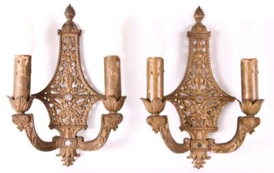 original and remarkably intact pair of c.1920's classic antique american salvaged chicago vintage baroque revival two arm candle perforated sconces