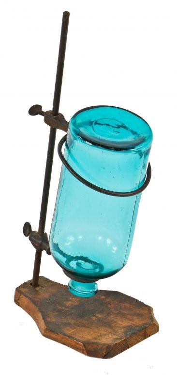 unusual antique american medical research laboratory teal blue oversized glass reagent bottle with unique retort wood stand 
