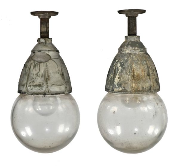 set of hard to find all original appleton "explosion proof" wrigley chewing gum factory pendants with bulbous impact-resistant glass globes