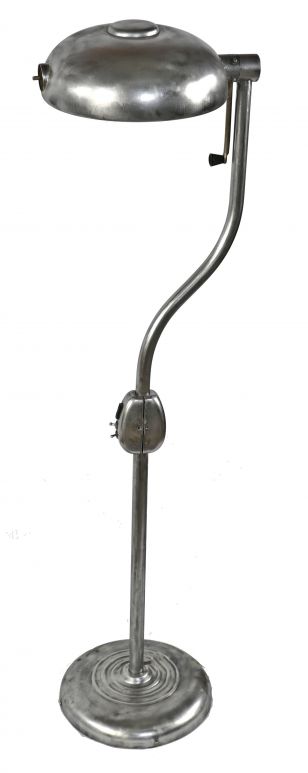 c. 1940's vintage american medical freestanding brushed steel salvaged chicago hospital examination floor lamp with swivel shade or reflector 