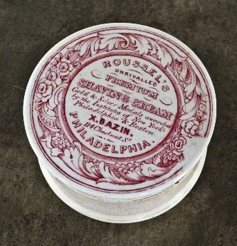 original c. 1850's antique ceramic shaving cream jar or "pot lid" manufactured for x. bazin of "roussel's" pefumery in philadelphia, pa.  