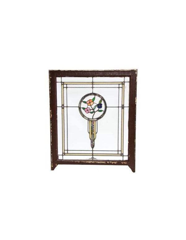 early 20th century original antique american salvaged chicago prairie school style residential art glass window with intact varnished frame 