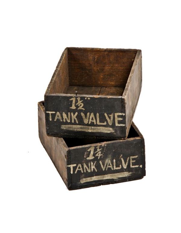 pair of original and remarkably intact c. 1920's vintage industrial hand-painted pine wood "tank valve" factory cabinet drawers or bins 