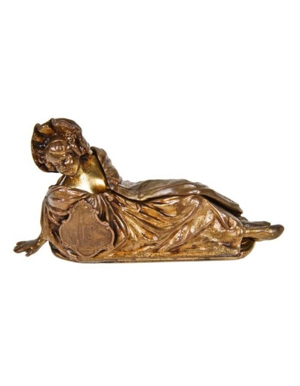 rare early 20th century ornamental bronze-plated reclining erotic female woolworth building souvenir or advertising piece