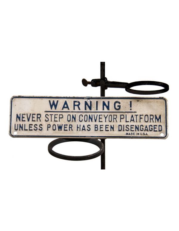 original and sought after c. 1930's vintage antique american salvaged chicago industrial "never step on conveyor" warning sign with deeply embossed lettering