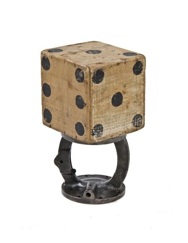original and unusually large american depression era hand-painted pine wood folk art rounded edge hallow cube-shaped die with black "pips" against a weathered white paint finish