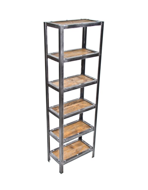 well-built repurposed american vintage industrial freestanding shelving unit or rack complete with recycled barn wood shelves and brushed metal angled iron 