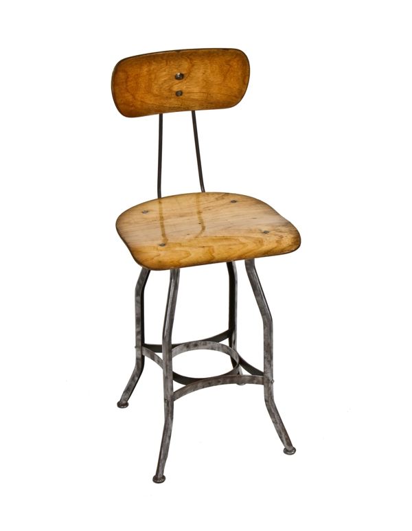 1930's vintage industrial "uhl art steel" factory saddle seat work stool with pressed and folded steel legs 