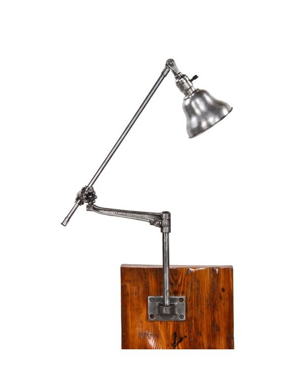 completely refinished intact early 20th century antique american industrial o.c. white wall or desk mount steel and iron articulating machinist lamp with swinging bracket 