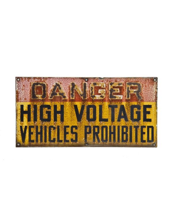 original and remarkably intact c 1930's nicely worn and weathered antique american salvaged chicago vintage single-sided industrial power substation "high voltage" porcelain enameled die cut steel sign 