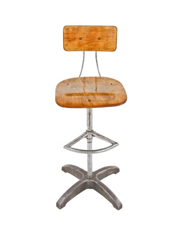 original and remarkably intact hard to find c. 1935-40 antique salvaged american industrial patented "ever-hold" stationary factory stool with birch wood contoured seat and backrest 