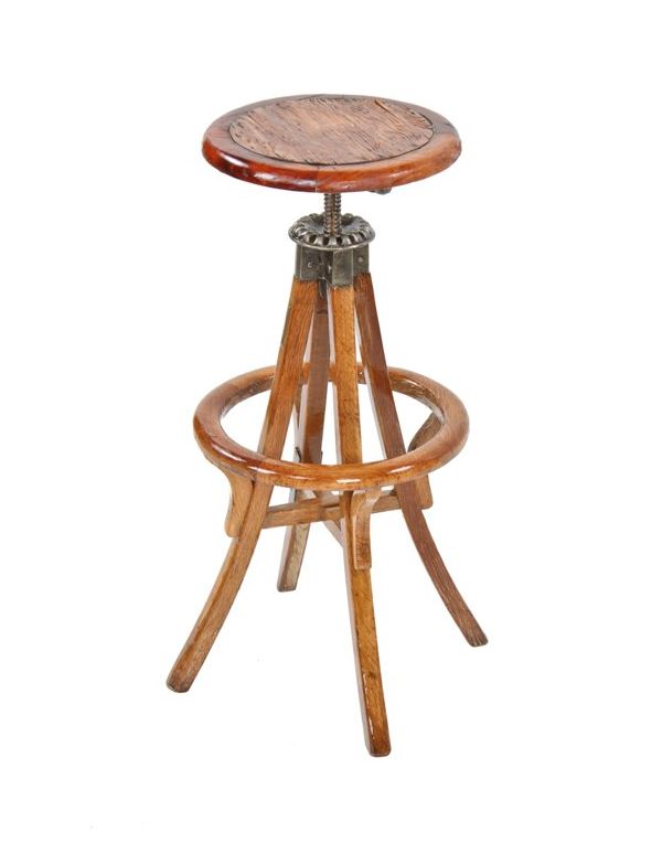 outstanding early 20th century american industrial refinished mixed wood adjustable height drafting stool with revolving seat