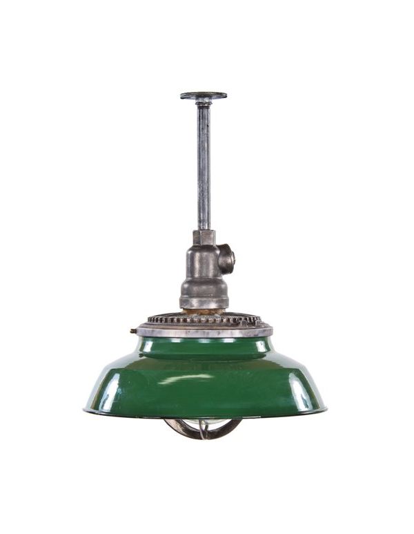 c. 1930's american vintage industrial green porcelain enameled "explosion proof" electric pendant light fixture with bulb guard