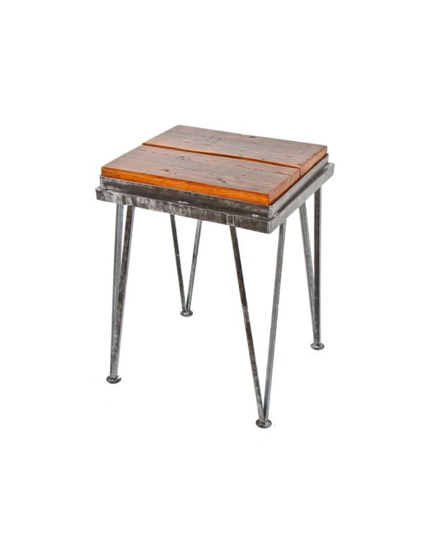 original and unusual depression era american industrial custom-built welded joint steel work table with old growth pine wood plank top