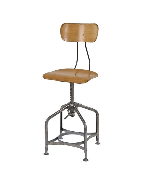 fully refinished c. 1930's vintage american industrial adjustable height toledo stool with spacious saddle seat and strong supportive original backrest 