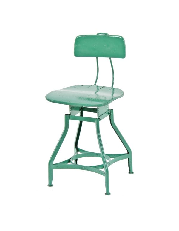 late 1920's american industrial stationary green enameled "uhl art steel" adjustable height factory office typist chair 