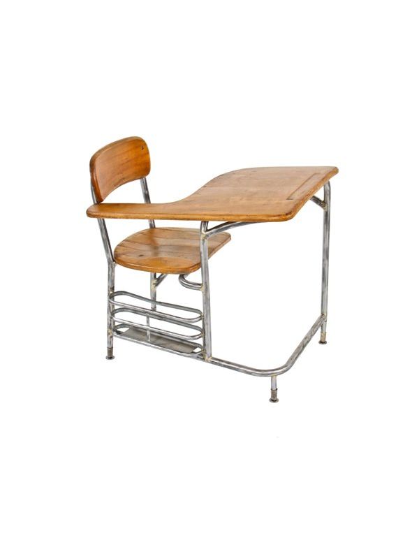 unique c. 1940's machine age streamlined style brushed tubular steel stationary school classroom desk chair with maple seat and tablet arm