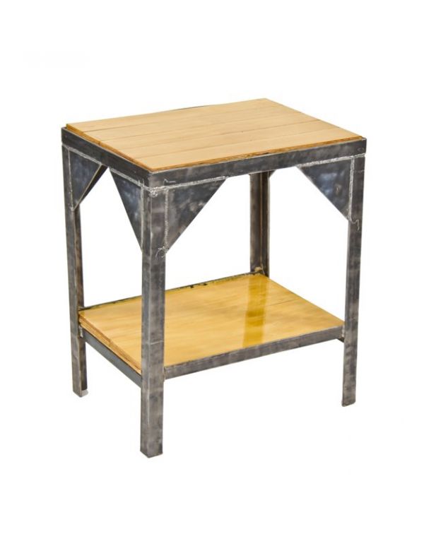 original and heavily reinforced american industrial all-welded brushed thick steel two tier stationary work station with newly added varnished maple wood inlay 