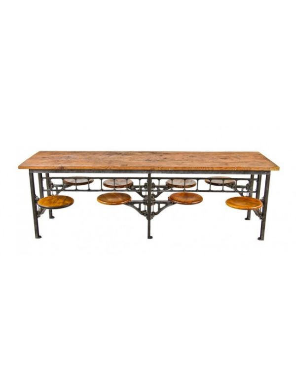 one of two matching early 20th century antique american industrial fully refinished brushed metal eight swing-out seat factory lunchroom "sani" cafeteria or lunchroom table