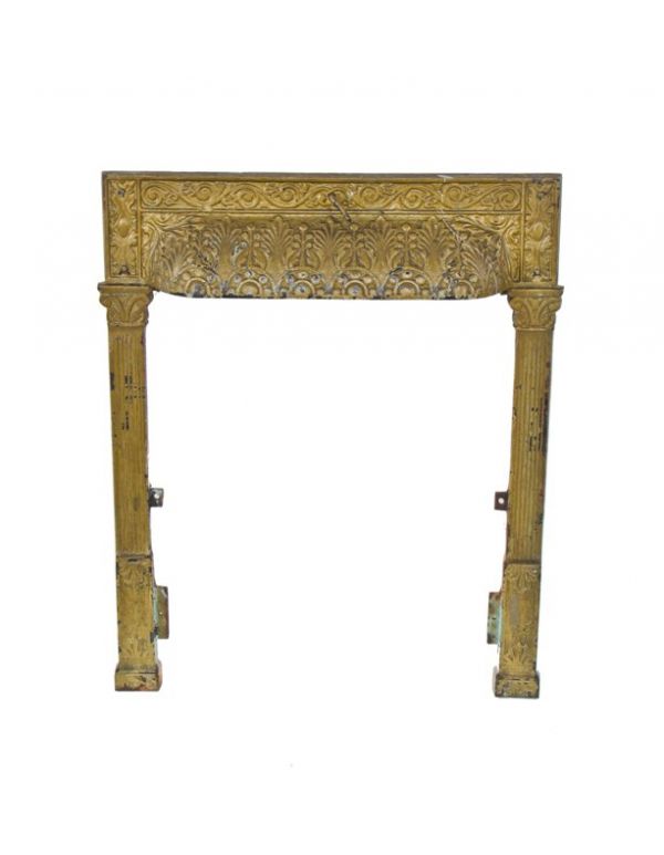c. late 19th century metallic gold enameled american victorian era ornamental cast iron fireplace gas insert surround with fluted pilasters 