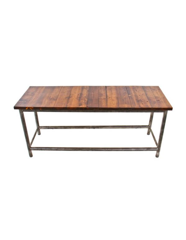 original vintage american c. 1940's industrial refinished heavy gauge tubular steel four-legged stationary table with newly added varnished pine wood top 