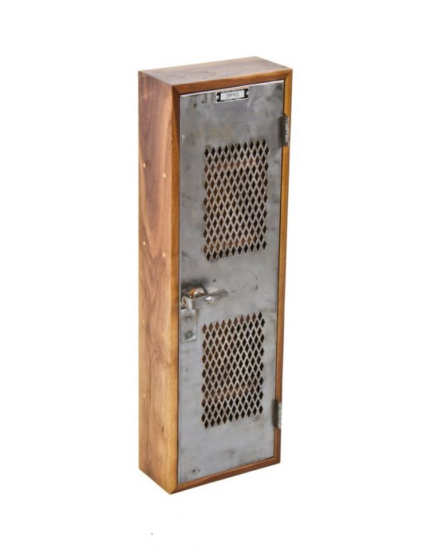 custom-built repurposed solid walnut wood diminutive wall-mount compartmentalized cabinet combined with a vintage metal locker door 