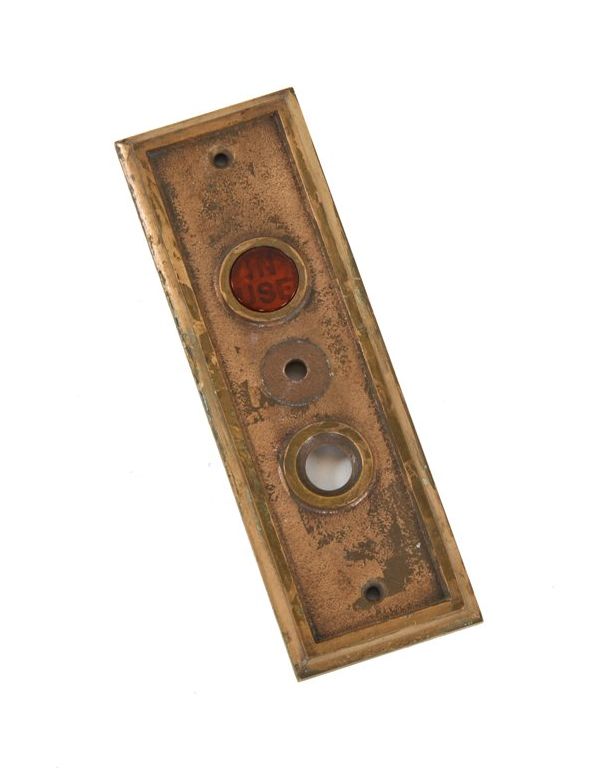original c. late 1920's american single-sided flush mount commercial building otis elevator push button backplate with amber glass inset