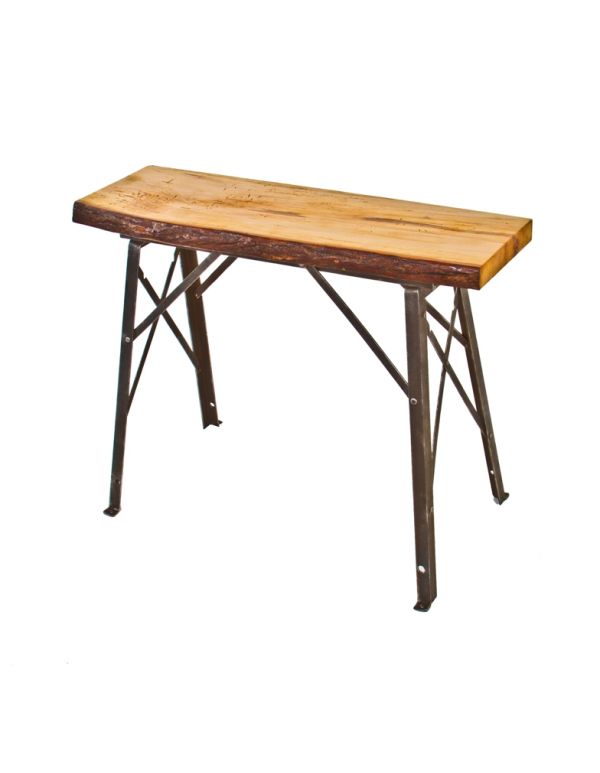 repurposed original c. 1937 vintage american industrial riveted joint angled steel canning factory four-legged sawhorse with newly added old growth poplar wood slab top