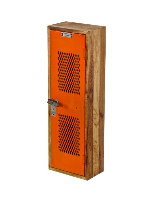 compact repurposed american industrial  single orange enameled hinged door locker unit with sturdy hickory wood cabinet 
