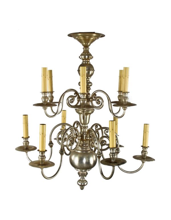 histrionically important 1920's original oversized two-tier neoclassical style chicago athletic association building silver-plated ceiling mount twelve arm ceiling mount chandelier 