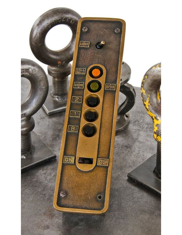 c. late 1930's completely intact american industrial factory freight elevator push button indicator panel with cast iron housing 