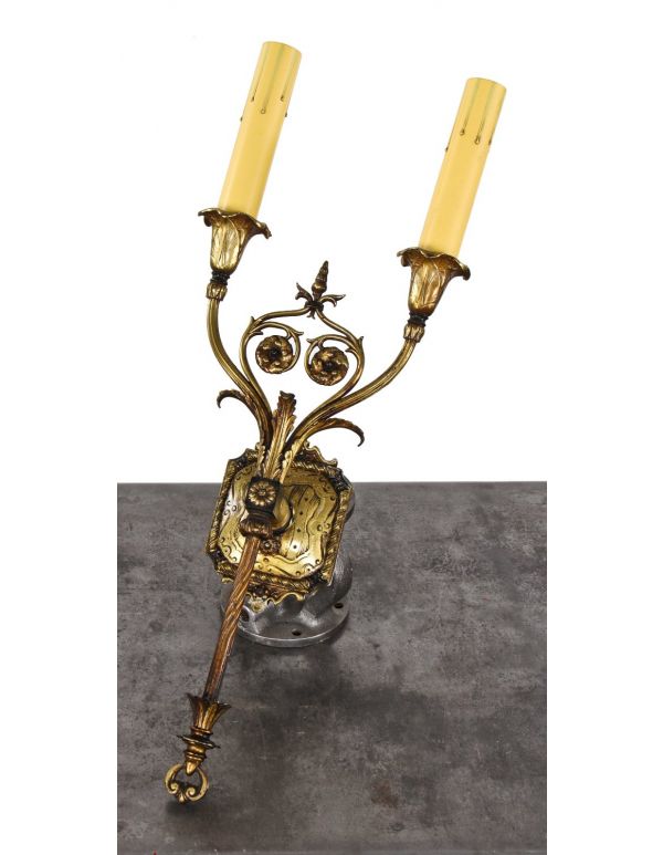 original and remarkably intact early 1920's original american antique salvaged chicago flush mount double arm "electric candle" chicago athletic association building wall sconce with elegant floral motifs