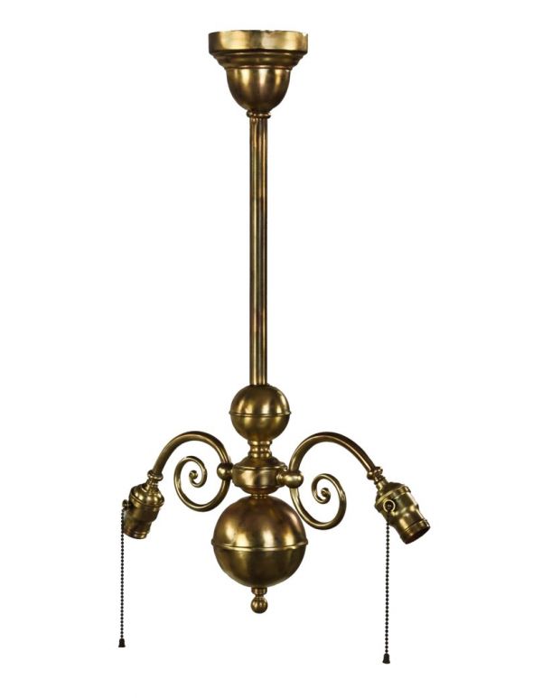 c. 1907-10 american antique interior refinished yellow brass double arm chicago athletic club billiard room pendant light with matching pull-chain sockets