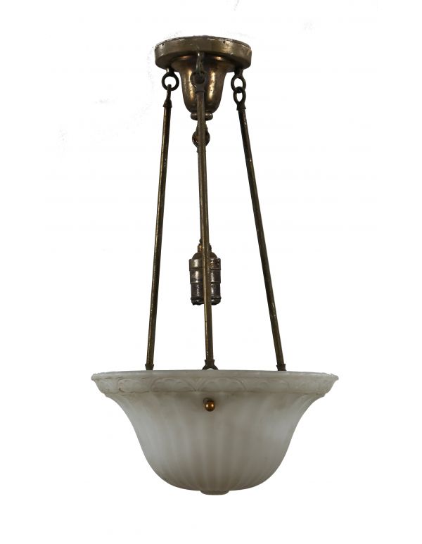 original and intact c. 1920's american antique chicago athletic club three-arm indirect pendant light fixture with frosted white opaque glass bowl shade