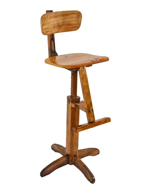 unique odd original c. 1930's patented american vintage industrial refinished adjustable height hardwood four-legged stool with projecting footrest 