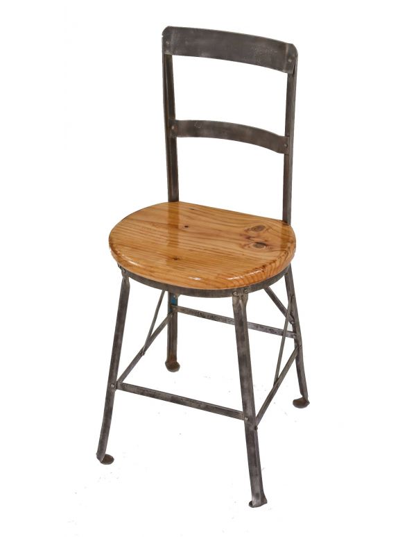 unusual c. 1930's (possibly modified) american industrial riveted joint angled steel diminutive stool or chair with backrest 