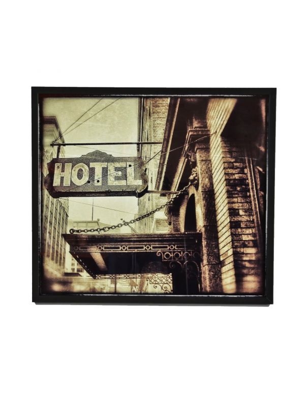 signed limited edition large format digital print entitled "hotel" with black enameled custom-built wood frame with clear plate glass 