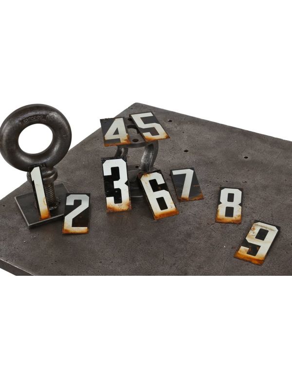 small lot of original c. 1930's american industrial baked black and white enameled folded steel "unitype" address numbers 