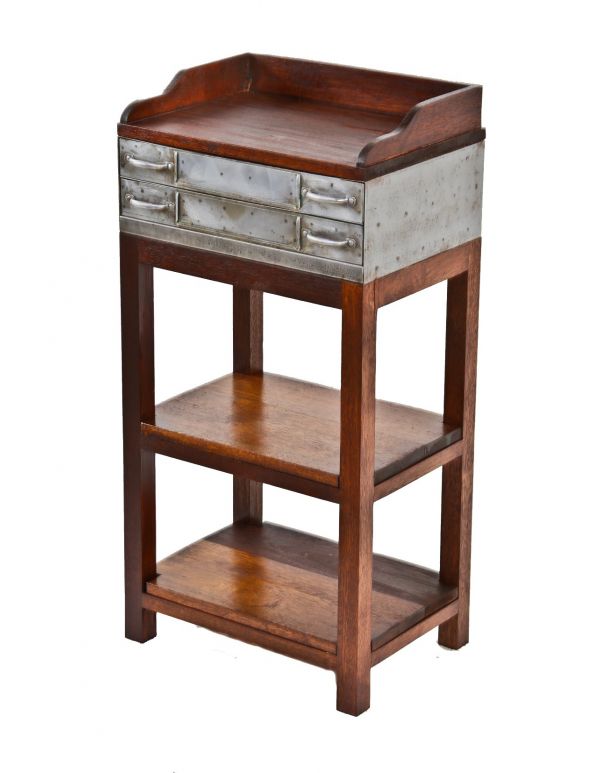 original and intact custom freestanding repurposed "quality springs" steel cabinet side or occasional table with custom- built mahogany wood stand