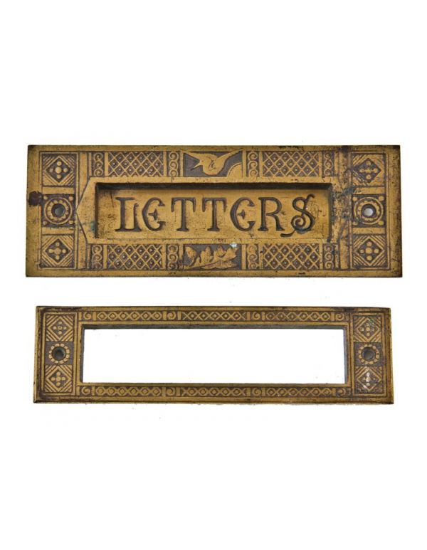 unusual 19th century american antique anglo-japanese style ornamental cast brass residential door "letters" mail slot and cover
