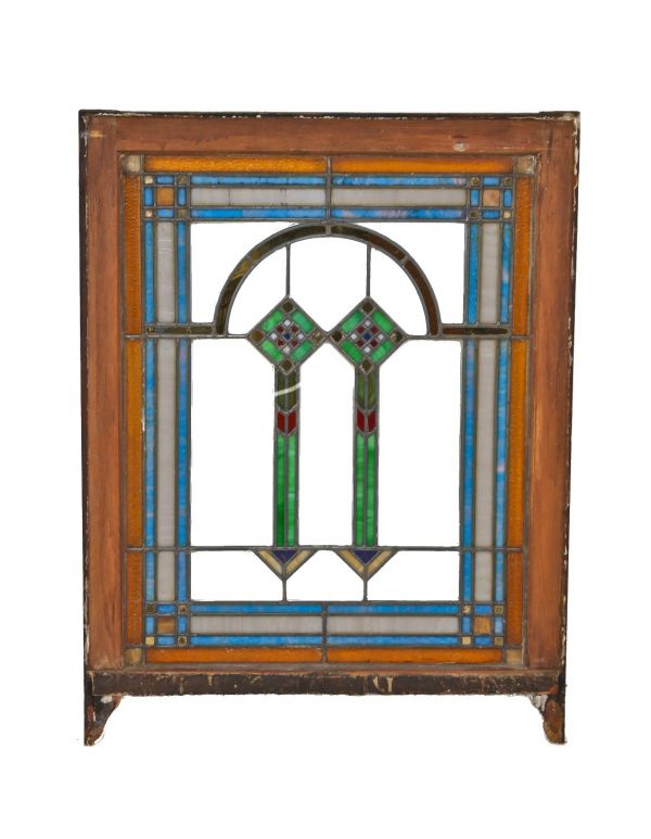 all original perfectly intact early 1920's american chicago prairie school style leaded art glass window with abstract floral motifs