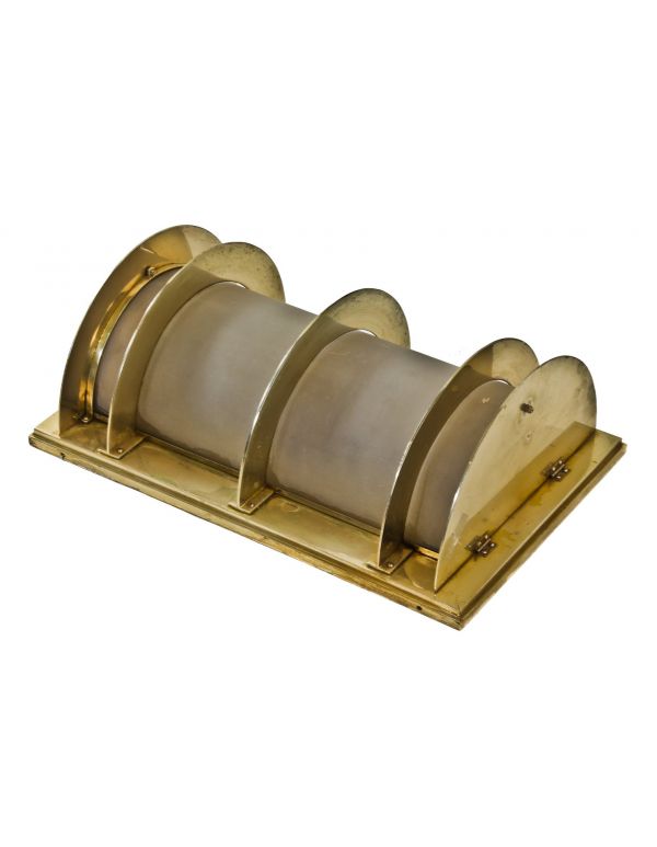 historically-important oversized flush mount american art deco streamlined style chicago board of trade building interior lobby illuminated polished brass wall sconce with cylindrical frosted glass shade