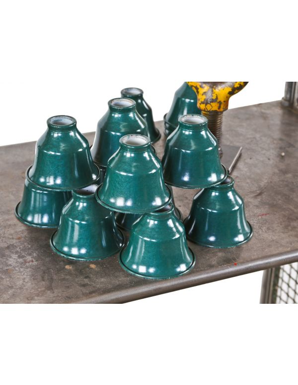 large lot of original matching american depression era antique industrial "new old stock" baked green enameled pressed steel diminutive conical reflectors 