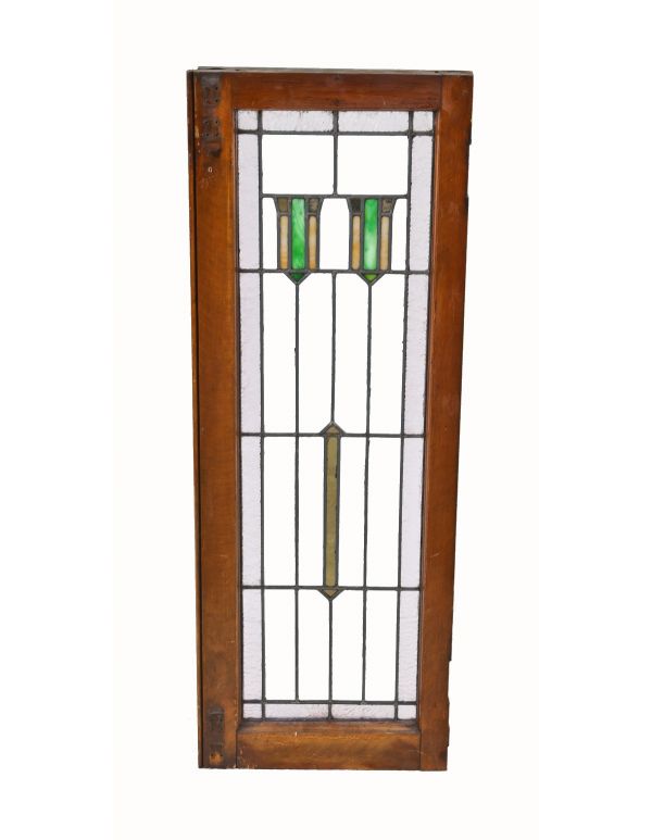 intact original early 1920's tall and narrow interior residential prairie school style leaded art glass chicago bungalow casement window with geometric design motifs