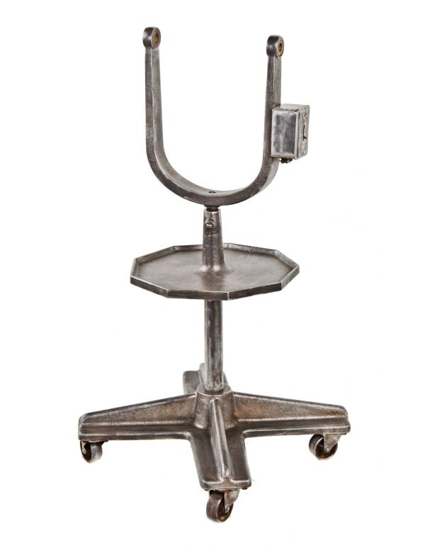 unique c. 1930's american antique industrial meat and/or poultry processing cast iron machine base or stand with intact patented perforated bassick swivel casters