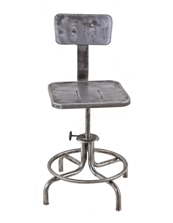 c. 1950's vintage american adjustable height industrial brushed and sanded factory machine shop stationary stool with intact tilting backrest