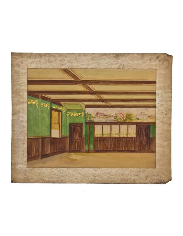 original early 20th century american polychromatic watercolor interior rendering depicting a tasting room and/or office for the joseph hussa brewery with stunning scenic mural