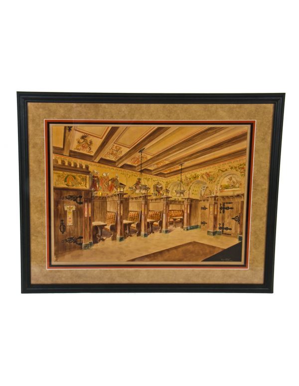 very rare and historically important early 20th century framed and signed polychromatic watercolor rendering of walt's restaurant and//or heileman hall