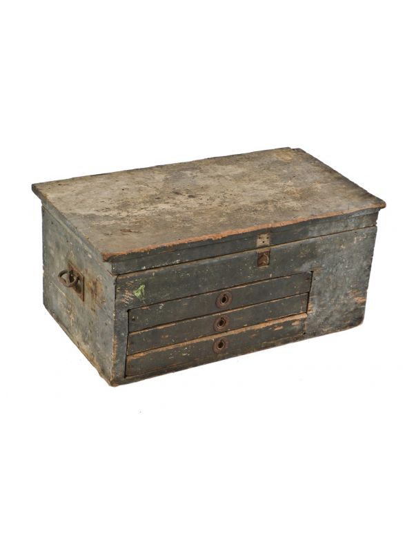exceptional primitive 19th century portable american industrial weathered and worn painted pine wood railroad roundhouse mechanic's tool chest with three pull-out drawers