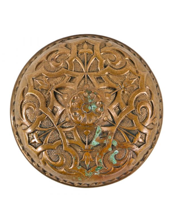 original single early 1870's heavily ornamented oversized entrance door cast bronze banded rim "compression cast" intricately designed doorknob with nicely aged surface patina  